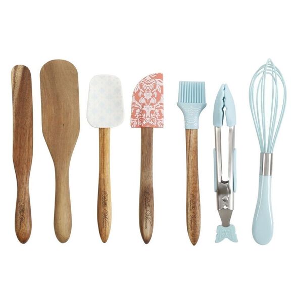 Pioneer Woman Sweet Rose Mini Crock Utensils Set 8-Pc Ceramic Silicone Wood NEW - Picture 3 of 5